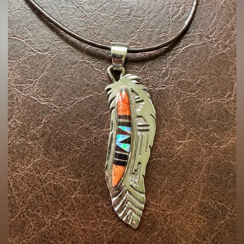 Vintage Navajo Sterling Silver Feather with Opal and Natural Stone Inlay Pendant